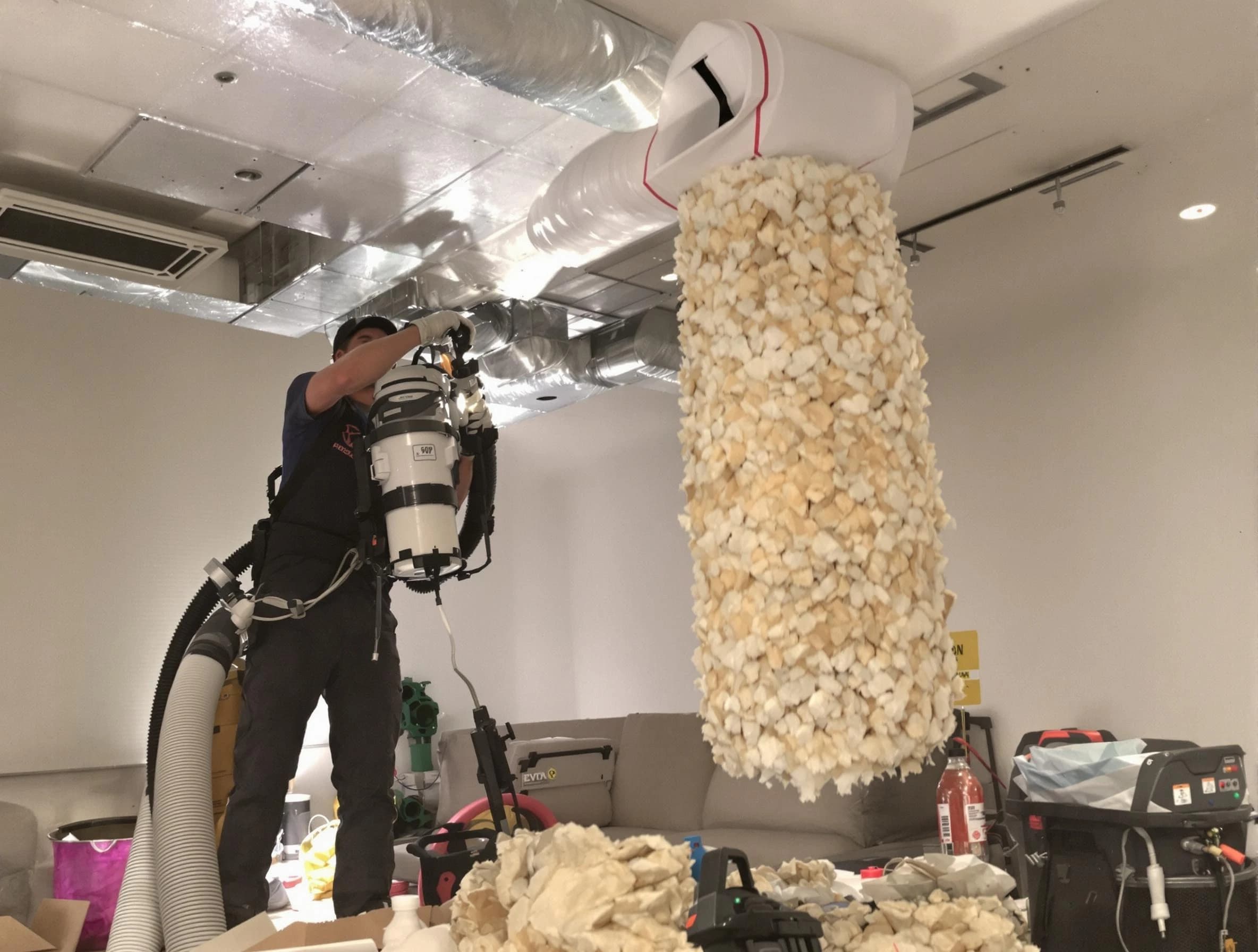 San Tan Valley Air Duct Cleaning technician performing precision vacuum insulation removal in a residential property in San Tan Valley